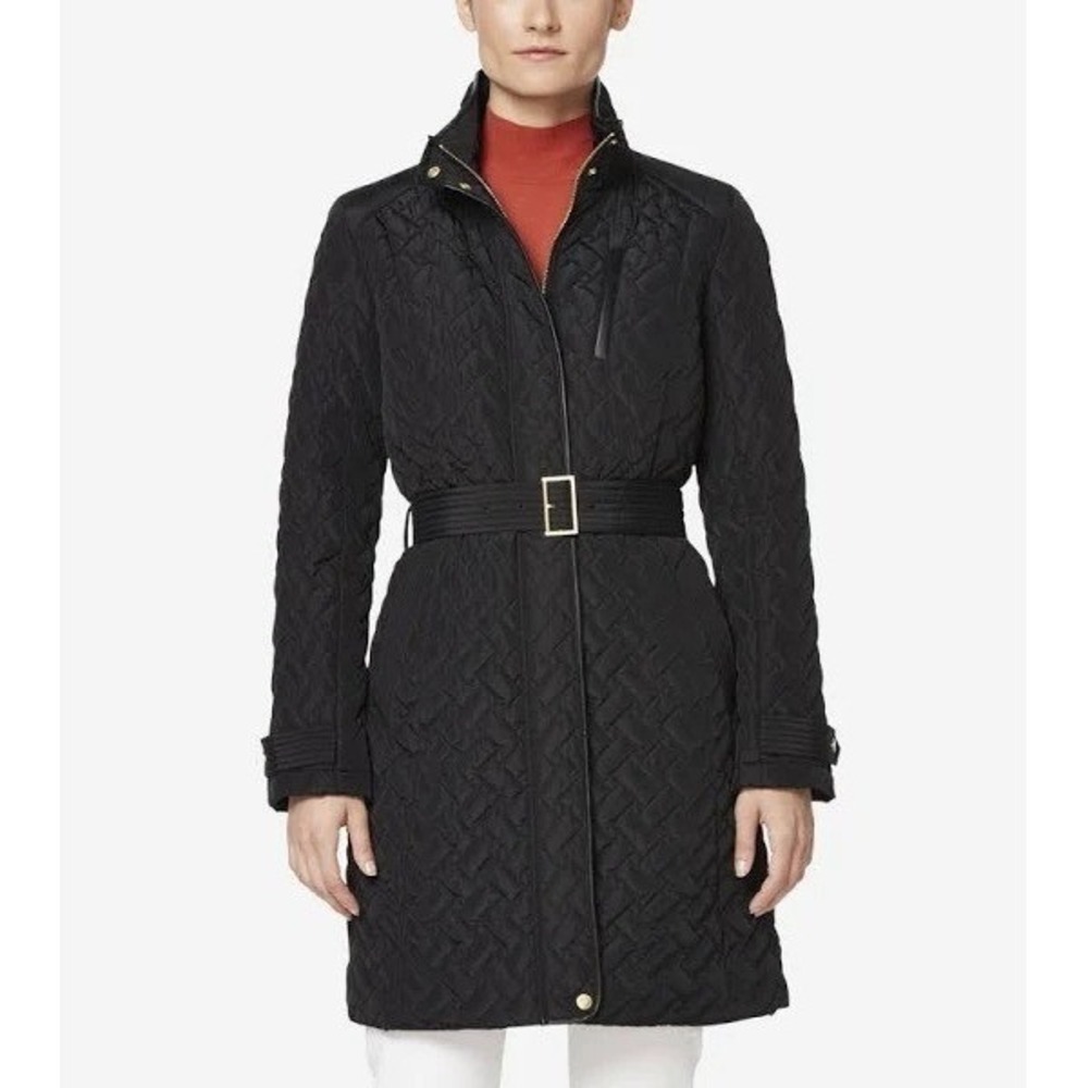 Cole Haan Women's Quilted Belted Jacket Black Polyester Lambskin Trim Size S